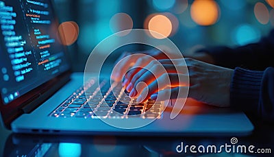 Close-up of developer hands typing code on laptop keyboard in blue neon light at night. Software engineer, data scientist works, Stock Photo