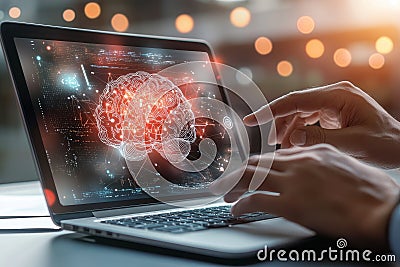 Close-up of device used by server room software developer upgrading stock simulation model while using laptop in data Stock Photo