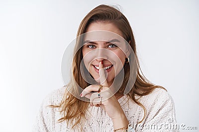 Close-up devious creative charismatic joyful woman making prank fooling around smiling giggling smiling broadly have Stock Photo