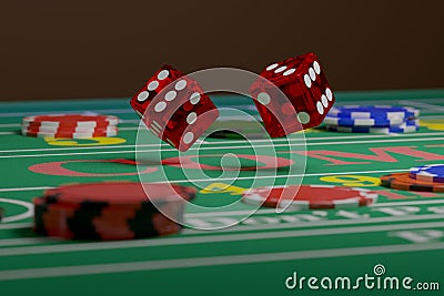 Close up of dice rolling on a craps table. Random concept. 3d illustration Cartoon Illustration