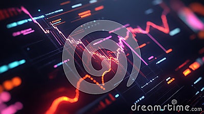 A close-up of a digital screen displaying a dual-layer line chart with contrasting colors. The chart showcases data fluctuations Stock Photo