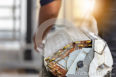 Close up of dirty inside compartments air conditioner, repairman clean mold in system air conditioning system Stock Photo