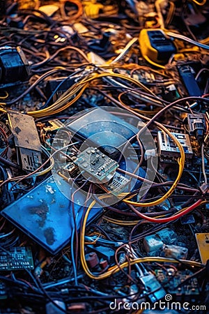 close-up of discarded electronic devices and cables Stock Photo