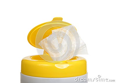 Close up on disinfecting wipes in pop up container, isolated Stock Photo