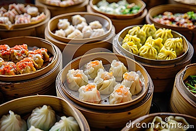 Close-up of a display of assorted Chinese dim sum in bamboo steamers. Generative AI Stock Photo