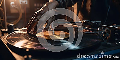 A close-up of a DJ spinning records at a club party Hyper one generative AI Stock Photo