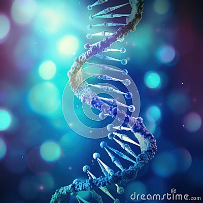 Close up of DNA in the distant future. View under the microscope. Blue helix background. Concept of the evolution of human Stock Photo