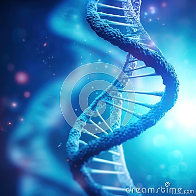 Close up of DNA in the distant future. View under the microscope. Blue helix background. Concept of the evolution of human Stock Photo