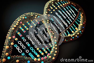 close-up of a dna strand, with genetic programming code visible Stock Photo