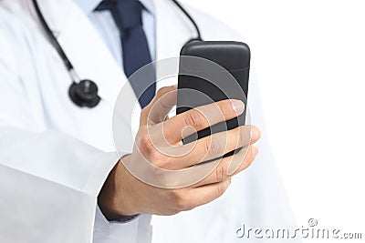 Close up of a doctor man hand holding and using a smart phone Stock Photo