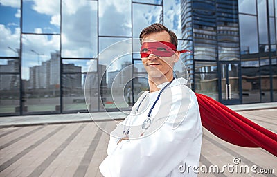 Close up. doctor superhero confidently looking forward. Stock Photo