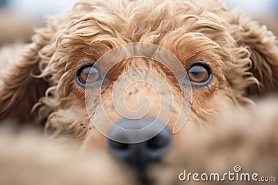 close-up of dog amidst woolly sheep eyes Stock Photo