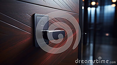 A close up of a door handle on the side of a wooden wall, AI Stock Photo