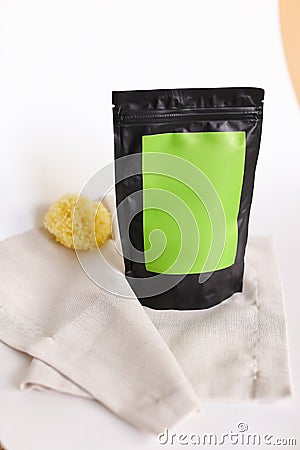 Close up doy pack with cosmetic product and green space for your brand. Stock Photo