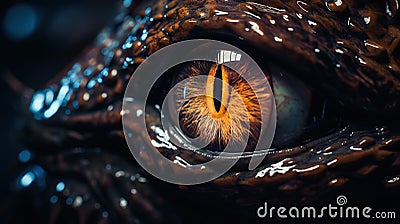 a close up of a dragon's eye with orange and yellow irises on it's iris and a black body of water behind it Stock Photo