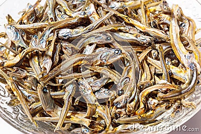 Close up of dried sardines used as seasoning in Japanese foods and cooking. Stock Photo