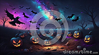 Halloween skeleton pumpkin burial ground night sky scare crow background wallpaper Stock Photo