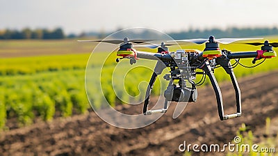 A close-up of a drone equipped with agricultural sensors flying over a field, capturing data for crop monitoring. The field below Stock Photo
