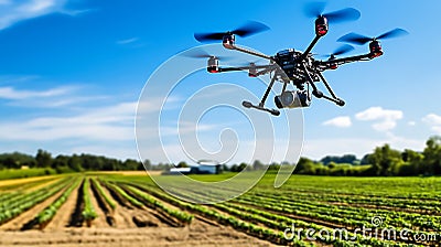 A close-up of a drone equipped with agricultural sensors flying over a field, capturing data for crop monitoring. The field below Stock Photo