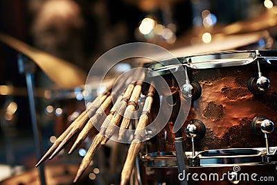 close-up of drumsticks on a custom drum set Stock Photo