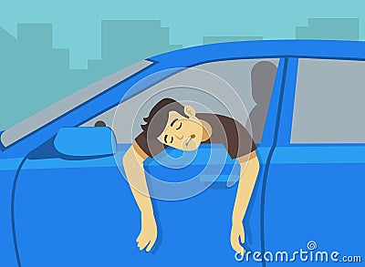 Close-up of drunk driver leaning out of the car window. Character's arms hangs down from open window. Vector Illustration