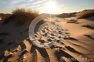 close-up of dry and cracked sand dunes, with the sun shining in the background Stock Photo