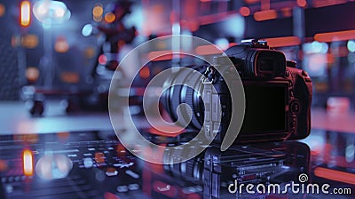 Close up of a DSLR camera with neon VR interface in an AI driven lab showcasing digital finance and technology fusion Stock Photo