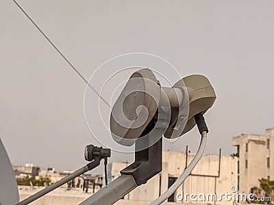 Close-up of a duo LNB that is used in dish antina to capture signal for TV Stock Photo