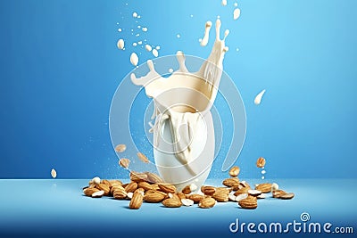 Close up of dynamic splashes of almond milk and flying nuts on a bright blue background Stock Photo