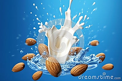 Close up of dynamic splashes of almond milk and flying nuts on a bright blue background. Generative AI Stock Photo