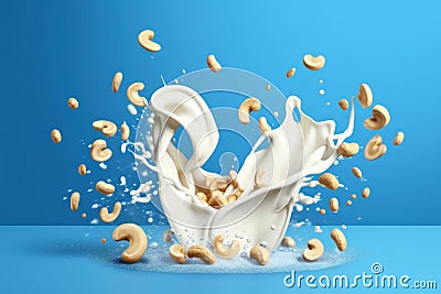 Close up of dynamic splashes of cashew milk and flying nuts on a bright blue background Stock Photo