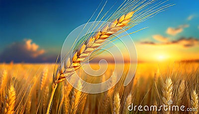 Close-up of a Ear of Wheat on a Golden Wheat Field - Generative Ai Stock Photo