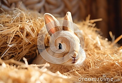 Close up of Easter bunny in soft natural straw Stock Photo