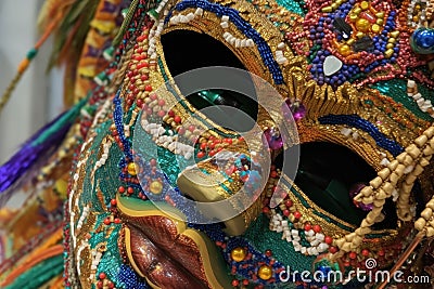 close-up of elaborate beadwork on mardi gras mask Stock Photo