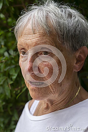 Close up of elderly woman, worried, scared, anxious Stock Photo