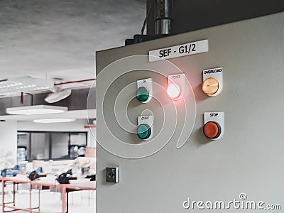 Close up of electric control panel in a factory with indication light. Stock Photo