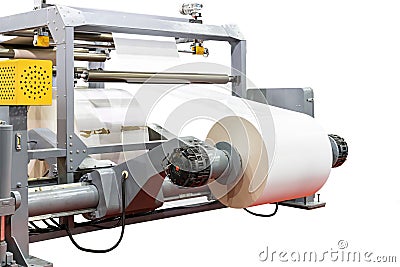 close up electric motor and paper roll sheet system for converting or feed paper of high speed automatic roll slitting and Stock Photo