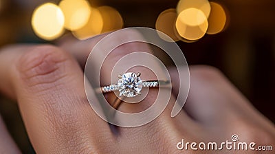 Close up of an elegant engagement diamond ring on woma. Generative AI. Stock Photo