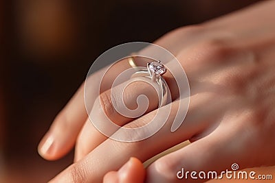 Close up of an elegant engagement diamond ring on woman finger. love and wedding concept. Diamond ring on young lady Stock Photo