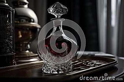 close-up of elegantly crafted decanter with glass stopper and fine wine Stock Photo