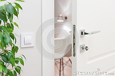 Close-up elements of the interior of the apartment. Ajar white door Stock Photo