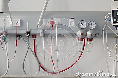 Close up of emergency health equipment panel in a hospital room. Editorial Stock Photo