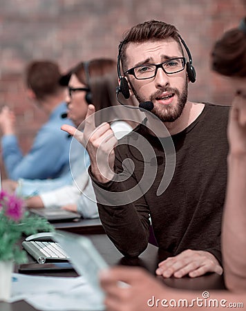 Close up.employee call center in the workplace Stock Photo