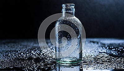 Close up of empty glass bottle on wet surface with dark background Stock Photo