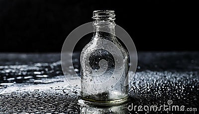 Close up of empty glass bottle on wet surface with dark background Stock Photo