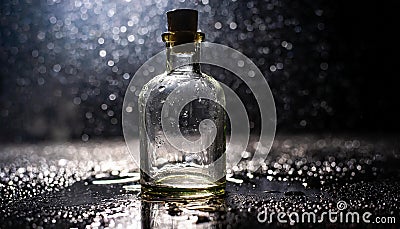 Close up of empty glass bottle on wet surface with dark background Stock Photo