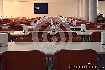 Close up - empty seats of a university canteen after the cancellation of schools Stock Photo