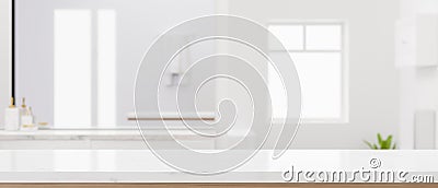 Empty space on modern white tabletop over blurred elegance bathroom background Cartoon Illustration