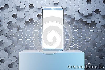 Close up of empty mock up mobile phone with creative gray hexagonal background. Device presentation concept. 3D Rendering Stock Photo