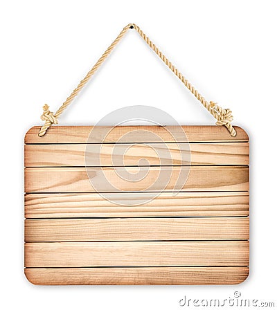 Close up of an empty wooden sign hanging on a rope on white back Stock Photo